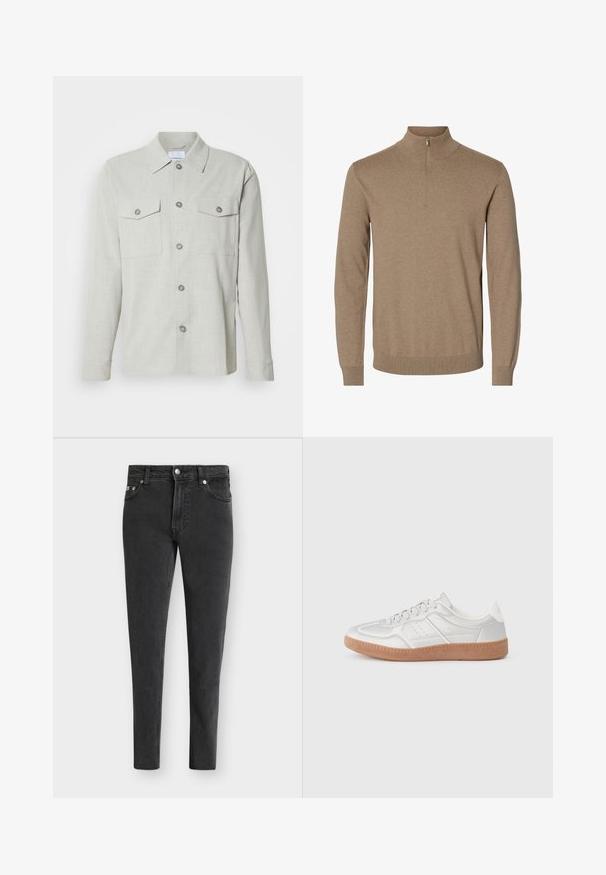 Pull en maille marron à manches longues avec un col montant et une courte fermeture éclair à l'avant, poignets et ourlet côtelés.; Chemise boutonnée gris clair, en tissu texturé, avec un col, deux poches poitrine et cinq boutons sur le devant.; Jean slim noir avec cinq poches, bouton sur le devant et fermeture éclair, présenté sur un fond blanc uni.; Baskets argentées avec une texture lisse, un design à lacets, des accents perforés et une semelle en caoutchouc marron texturé.