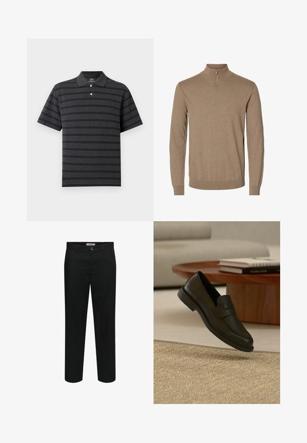 Pull en maille marron à manches longues avec un col montant et une courte fermeture éclair à l'avant, poignets et ourlet côtelés.; Polo à manches courtes gris foncé avec des rayures horizontales noires, deux boutons blancs au col et un col classique.; Pantalon noir à jambe droite avec passants pour ceinture, fermeture avant par bouton et fermeture éclair, présenté sur fond blanc. Aucune décoration visible.; Chaussure mocassin en cuir noir présentée en suspension au-dessus d'un tapis beige tissé, avec une table en bois et des livres empilés dans un salon doucement éclairé.