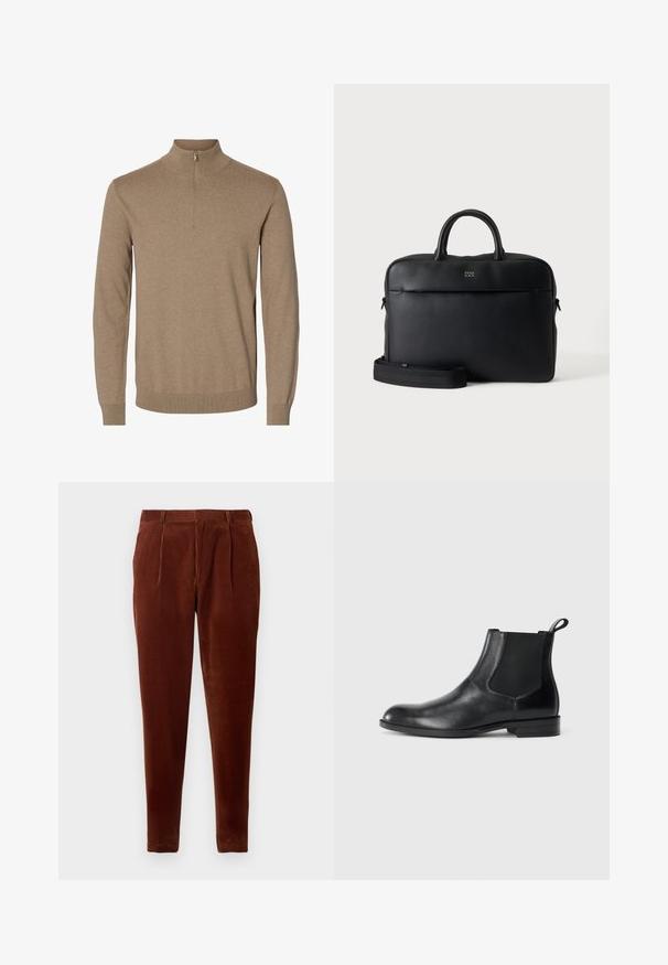 Brun strikket pullover med lange ærmer, en høj hals og en kort lynlås foran, ribbestrikkede kanter ved ærmer og bund.; Brune corduroy bukser med lige pasform, featuring frontfolder, to sidelommer og en glat tekstur. Velegnet til afslappet brug.; Sorte læder ankelstøvler med elastiske sidepaneler, rund tå og en trækloft. Glat tekstur, flad sål, minimalistisk design.; Sort tekstureret lædermappe med top-håndtag og aftagelig skulderrem, der viser lille frontlogo på neutral grå baggrund.