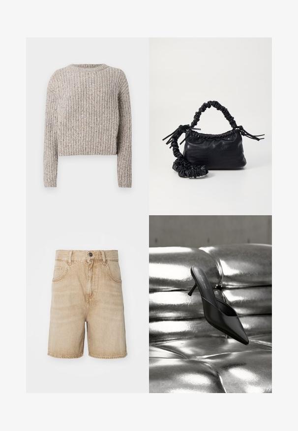 Häkel-Style Pullover in hellbeige mit subtilen mehrfarbigen Flecken, mit Rundhalsausschnitt und langen Ärmeln in lockerer Passform.; Beige Denim-Shorts mit hoher Taille, fünf Taschen, Knopfverschluss und kontrastierenden Nähten, mit einer leicht verwaschenen Textur.; Schwarzer Mule mit spitzer Spitze und schlankem Absatz, platziert auf einer glänzenden, silbermetallischen, gesteppte Oberfläche.; Schwarze Handtasche aus Kunstleder mit Krokodilstruktur, gerafftem oberen Teil und einem geschoppten Tragegurt. Sie wirkt weich und kompakt im Design.