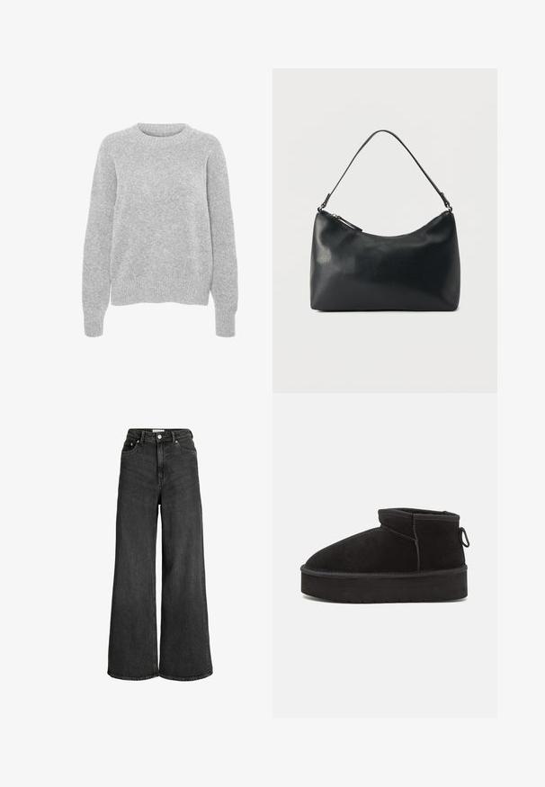 Grå strikket sweater med lange ærmer, rund halsudskæring, ribbede manchetter og kant, med en blød struktur og afslappet pasform.; Sorte højttaljede vidde jeans med knap og lynlås foran, to for- og baglommer, lavet af denimstof.; Sorte ruskinds ankelstøvler med en rund tå, der har en forhøjet sål og en sidesløjfe for nem påtagning. Designet er enkelt med minimale detaljer.; Sort skuldertaske i struktureret læder med buet toplynlås og enkelt justerbar rem mod ensfarvet baggrund.