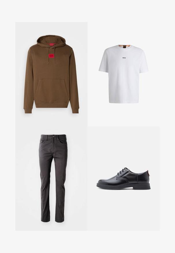 Bruine hoodie met een trekkoordkap, een kangaroezak aan de voorkant en een rode rechthoekige label met "HUGO" gecentreerd op de borst.; Witte katoenen T-shirt met korte mouwen, voorzien van een zwart "BOSS"-logo in het midden van de borst en een ronde halsontwerp.; Donkergrijze, rechte pantalon van katoenmix. Voorzien van een knoop- en ritssluiting, en vijf zakken met subtiele stikdetails.; Zwarte leren veter schoenen met een gladde textuur, ronde neus en subtiel stiksel detail. Voorzien van een rode trekband op de hiel.