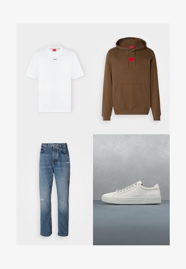 Brauner Hoodie mit verstellbarem Kapuzenzug, einer Front-Kängurutasche und einem roten rechteckigen Etikett mit "HUGO", das zentral auf der Brust platziert ist.; Weißes T-Shirt mit kurzen Ärmeln und kleinem schwarzem "HUGO" Logo mittig auf der Brust und einem roten Etikett innen im Kragen.; Hellblaue Denim-Jeans im Straight-Leg-Design, mit einem Knopf- und Reißverschluss, fünf Taschen und leicht abgetragenen Details im Kniebereich.; Weißes Leder-Sneaker mit abgerundetem Zehenbereich, minimalistisches Design, graue Schnürsenkel und einer strukturierten grauen Gummisohle. Dezente Nähte sichtbar.