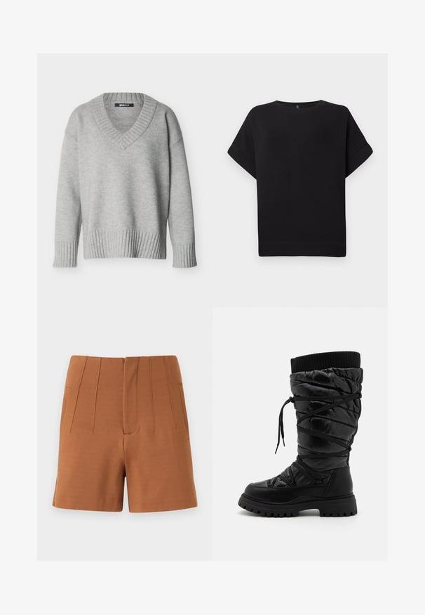 Lichtgrijze gebreide trui met V-hals, geribbelde manchetten en zoom, weergegeven op een effen witte achtergrond.; Zwarte short-sleeve t-shirt van zacht materiaal, met een ronde halslijn en een relaxte pasvorm, voorzien van een gestikte zoom en zonder zichtbare patronen.; Bruine hooggetailleerde, op maat gemaakte shorts met verticale naden en zijzakken, plat weergegeven op een lichte achtergrond.; Zwarte kniehoge laarzen met een gequilt textuur, voorzien van een vetersluiting, een contrasterende geribbelde bovenrand en een dikke, robuuste zool.