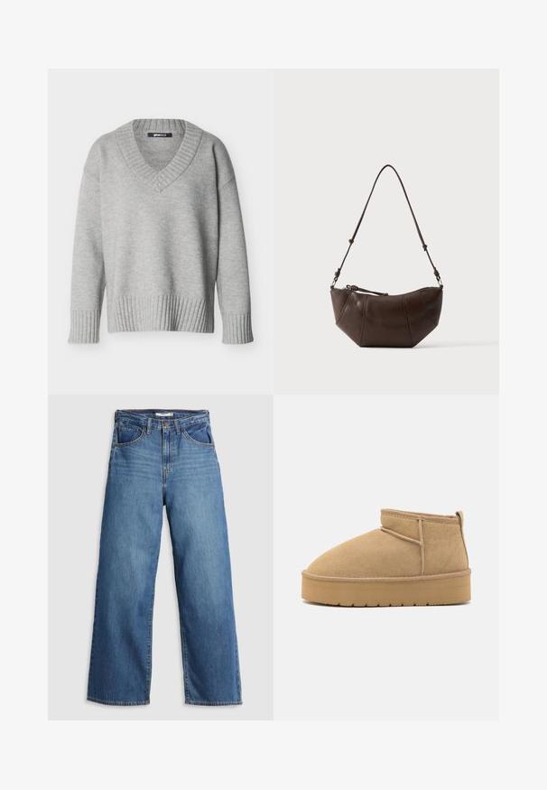 Hellgrauer Strickpullover mit V-Ausschnitt, gerippten Bündchen und Saum, vor einfachem weißem Hintergrund angezeigt.; Blaue Denim-weite Jeans mit hohem Bund, ausgestattet mit fünf Taschen, kontrastierenden Nähten und einem Reißverschluss.; Beige Wildleder-Stiefeletten mit runder Zehenform, minimaler Nähte und einer hellbraunen Gummisohle mit strukturiertem Muster.; Braune Leder-Schultertasche mit gewölbtem Boden und verstellbarem Riemen vor einfarbig hellem Hintergrund.