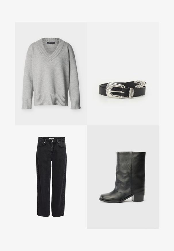Lichtgrijze gebreide trui met V-hals, geribbelde manchetten en zoom, weergegeven op een effen witte achtergrond.; Zwarte denim wijde pijpen jeans met een hoge taille, vijfzakkenontwerp en ritssluiting. Soepele textuur met minimale zichtbare stiksel details.; Zwarte leren laars tot halverwege de kuit met een ronde neus en blokhak, staand tegen een effen lichtgrijze achtergrond.; Zwarte leren riem met een grote zilveren metalen gesp met ingewikkelde details en decoratieve accenten aan beide uiteinden.