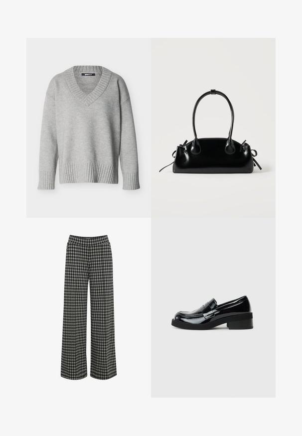 Pull en maille gris clair avec col en V, poignets et ourlet côtelés, présenté sur un fond blanc uni.; ICHI IHKATE - Pantalon classique - vetiver; Mocassins en cuir verni noir avec un bout rond, un petit talon carré et une finition lisse et brillante. Présente une sangle décorative à l'avant.; Petit sac à main noir brillant avec deux longues anses et des détails à cordon sur les côtés sur un fond clair uni.