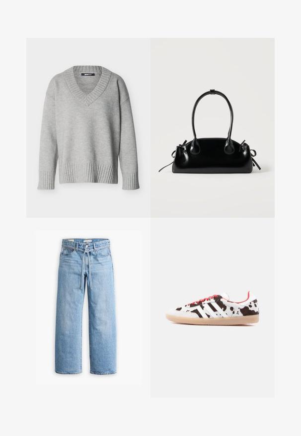 Pull en maille gris clair avec col en V, poignets et ourlet côtelés, présenté sur un fond blanc uni.; Jeans en denim bleu clair à jambes larges avec une taille haute, fermeture à bouton et à glissière, et un détail à cordon à la taille. Finition à l'ourlet brut.; Baskets blanches avec un motif imprimé vache, lacets rouges et trois bandes blanches. Tige texturée et semelle en caoutchouc gomme.; Petit sac à main noir brillant avec deux longues anses et des détails à cordon sur les côtés sur un fond clair uni.