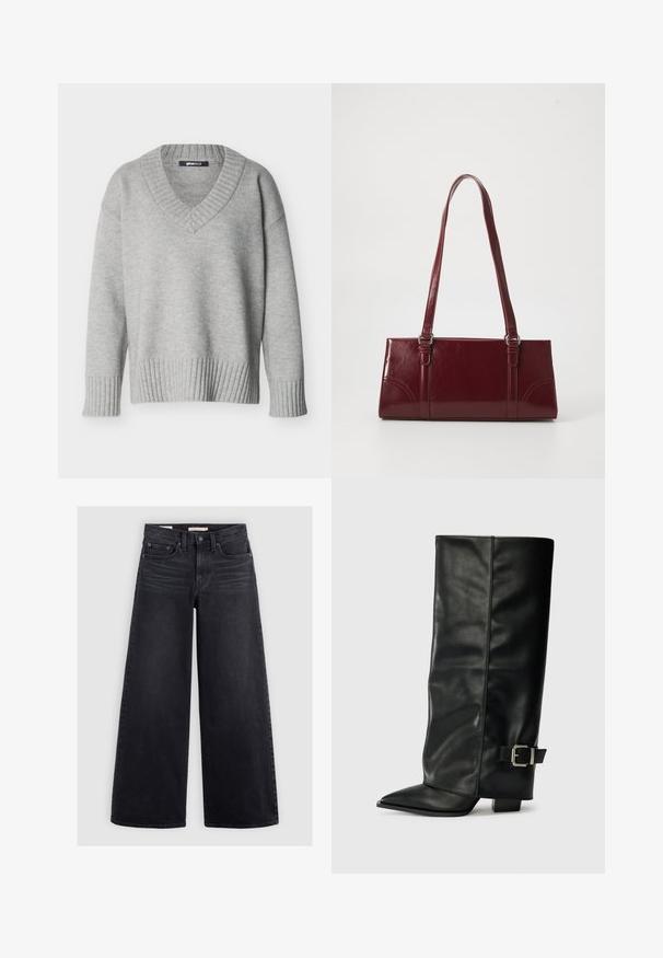 Lichtgrijze gebreide trui met V-hals, geribbelde manchetten en zoom, weergegeven op een effen witte achtergrond.; Zwart denim met wijde pijpen, met een hoge taille, vijf zakken en subtiele vervaging aan de voorkant.; Zwarte leren enkellange laarzen met een spitse neus, een gladde textuur en een zilveren gesps Accent aan de zijkant. Stevige vierkante hak.; Bourgondische handtas van glanzend materiaal, rechthoekige vorm, met twee schouderbanden en subtiele gebogen accenten aan de voorkant.