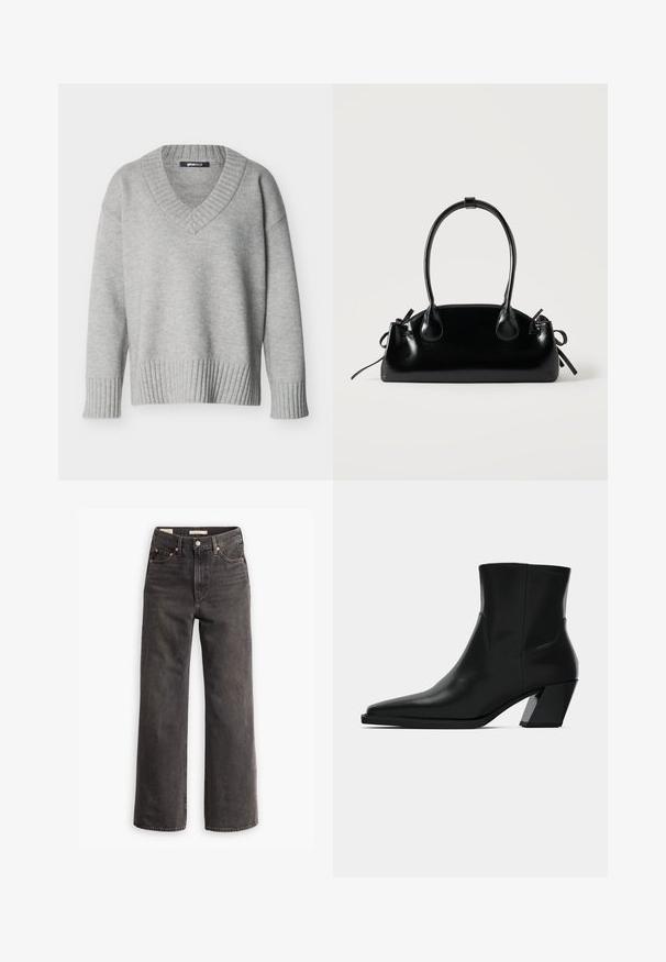 Pull en maille gris clair avec col en V, poignets et ourlet côtelés, présenté sur un fond blanc uni.; Jeans taille haute et coupe large en denim gris foncé, avec des poches avant, des rivets en cuivre contrastants et une finition épurée sans embellissements.; Bottine en cuir noir avec un bout pointu, une silhouette élégante et un talon carré massif. Texture lisse avec des détails de couture minimalistes.; Petit sac à main noir brillant avec deux longues anses et des détails à cordon sur les côtés sur un fond clair uni.