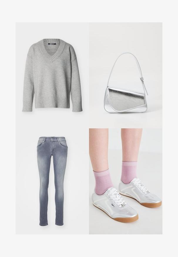 Lichtgrijze gebreide trui met V-hals, geribbelde manchetten en zoom, weergegeven op een effen witte achtergrond.; Skinny jeans in een middelgrote grijswas, gemaakt van denim. Beschikt over vijf zakken, riemlussen en een vervaagd effect bij de dijen en knieën.; Zilveren sportschoenen met witte accenten en een gumrubberen zool, gecombineerd met geribbelde roze sokken, wat een laag profiel ontwerp laat zien.; Zilveren metalen handtas met een driehoekige vorm, gladde textuur en een dunne, verstelbare schouderriem. Kenmerkt zich door een omklapbaar ontwerp met stiksels.