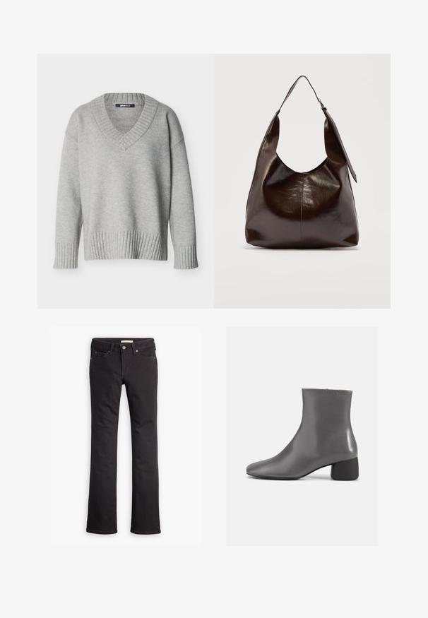 Lichtgrijze gebreide trui met V-hals, geribbelde manchetten en zoom, weergegeven op een effen witte achtergrond.; Zwarte jeans van denim, met een recht toelopende pijp, standaard taille, vijf zakken en subtiele stiksels.; Grijze leren enkelboot met een slank ontwerp, spitse neus en een korte blokhak. Gladde textuur met minimale merkvoering aan de zijkant.; Donkerbruine glanzende leren schoudertas met een enkele brede riem en gespsdetail aan één kant, tegen een effen lichte achtergrond.