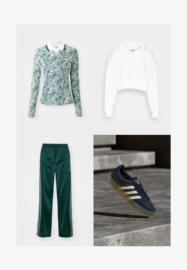 adidas Originals CROPPED HOODIE - Sweater - white; Een langmouwig, getailleerd shirt met een teal en wit bloemmotief en een witte kraag met teal afwerking op een effen achtergrond.; Donkergroene sportbroeken van glanzend materiaal, met zijstrepens in lichtgrijs en een geborduurd logo op het linkerbeen.; Donkerblauwe sportschoen met bovenwerk van mesh en suède, drie witte strepen en een doorzichtige gumzool; veterontwerp met gevoerde kraag.
