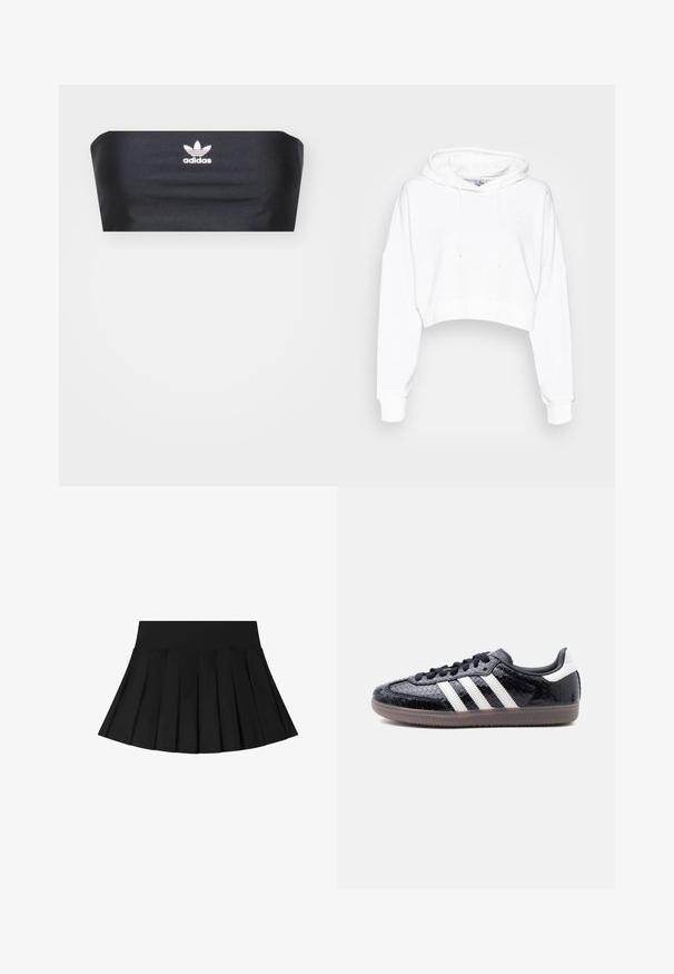 adidas Originals CROPPED HOODIE - Pusa - white; Must mustripp, mis on valmistatud siledast kangast, esiküljel keskosas valge Adidas logo, ilma lisamustrite või kaunistusteta.; Must pleeditud mini seelik laiade elastsete vöökohtadega, mis on loodud mugavaks kandmiseks ja igapäevaseks kasutamiseks.; Madalprofiilne must toss, mille peal on tekstuuriga madu-nahaimitatsioon, külgedel valged triibud, mustad paelad ja läbipaistev pruun tall.