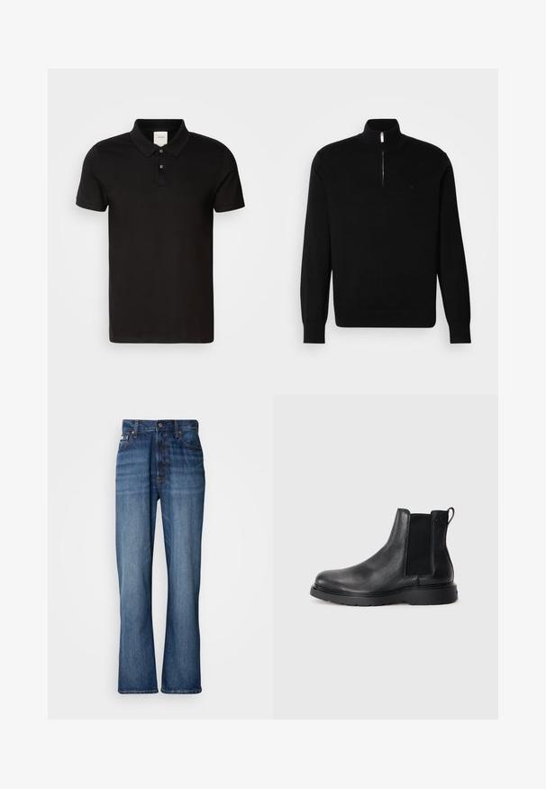 Jersey negro con cremallera y cuello alto, confeccionado en un tejido de punto fino. Presenta mangas largas, un cuello alto y un pequeño logo en el pecho.; Camisa polo negra hecha de una tela suave con un cuello clásico. Presenta dos botones en el cuello, mangas cortas y un logotipo sutil en el pecho.; Jeans de mezclilla azul con cintura alta, piernas acampanadas, diseño de cinco bolsillos y costuras tonales. Cuenta con cierre de botón y bolsillos remachados.; Botas Chelsea de cuero negro con acabado texturizado, paneles laterales elásticos y una suela de goma resistente. Marca sutil en el talón.