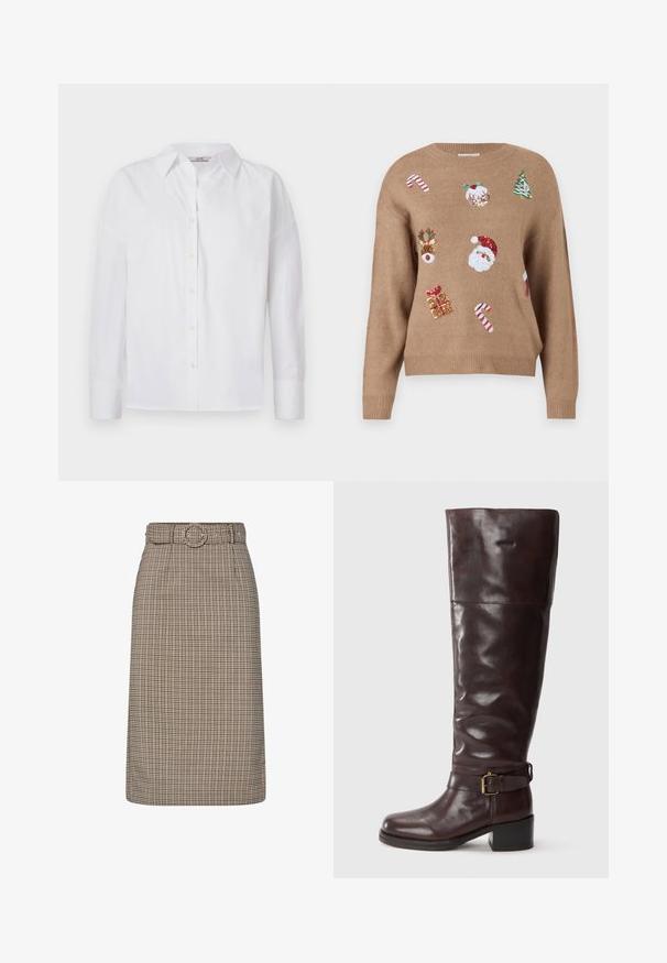 Brun strikket sweater med juletema broderede motiver, herunder julemanden, rensdyr, gaver og slikstokke i forskellige farver.; Hvid skjorte med knapper, lavet af bomuld, med lange ærmer, klassisk krave og subtile syningsdetaljer.; Brun og beige ternet blyantskørt med høj talje, bæltestropper, en rund spænde og en lige silhuet. Fremstillet af bomuldsblanding.; Brune læderstøvler over knæet med en rund tå, en bred skafter, en spænde-rem ved anklen og en lav blokhæl.