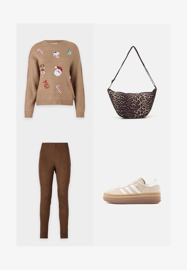 Brun strikket sweater med juletema broderede motiver, herunder julemanden, rensdyr, gaver og slikstokke i forskellige farver.; Brune leggings lavet af et blødt, sued-lignende materiale; tætsiddende design, glat tekstur og elastisk talje for komfort.; Beige ruskindsneaker med hvide læderdetaljer, der har tre hvide striber, et gyldent logo og en tyk, gennemsigtig gummisål.; Lædertaske med leopardmønster, buet form, tynd skulderrem og lynlåslukning. Naturlige nuancer af beige og mørkebrun. Glat tekstur.