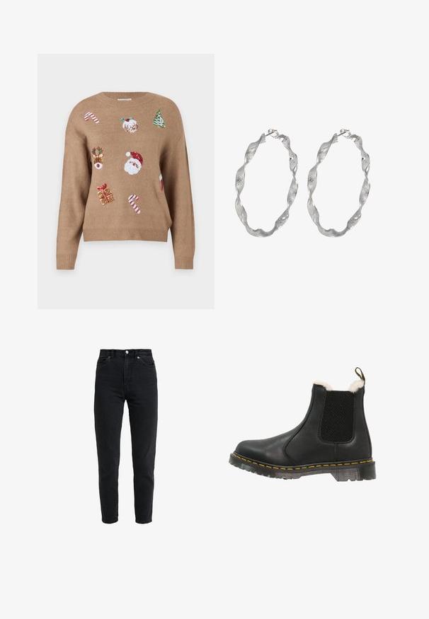 Suéter trenzado marrón con diseños bordados de temática navideña, incluyendo a Papá Noel, renos, regalos y bastones de caramelo en varios colores.; Vaqueros de mezclilla negra de cintura alta con botón y cremallera delanteros, dos bolsillos delanteros y pierna estrecha sobre fondo blanco.; Botín negro de cuero con paneles laterales texturizados, suave forro de piel sintética blanca, costuras amarillas y una suela de goma duradera.; Pendientes de aro de plata con un diseño retorcido, que presentan una superficie texturizada y un cierre seguro. Ligeros y reflectantes con un acabado elegante.