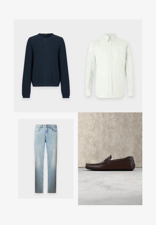Pull bleu marine à manches longues en tissu côtelé texturé. Il présente un col rond et une patte de boutonnage à trois boutons. Les poignets et l'ourlet sont unis.; Chemise à manches longues vert clair, avec un col classique, une patte de boutonnage frontale, et un logo discret brodé sur la poitrine.; Jean en denim bleu clair à jambes droites avec un design classique à cinq poches et une fermeture à bouton sur le devant.; Mocassins en cuir marron avec une finition lisse, des coutures de style mocassin, un bout rehaussé et une semelle en caoutchouc basse et flexible.
