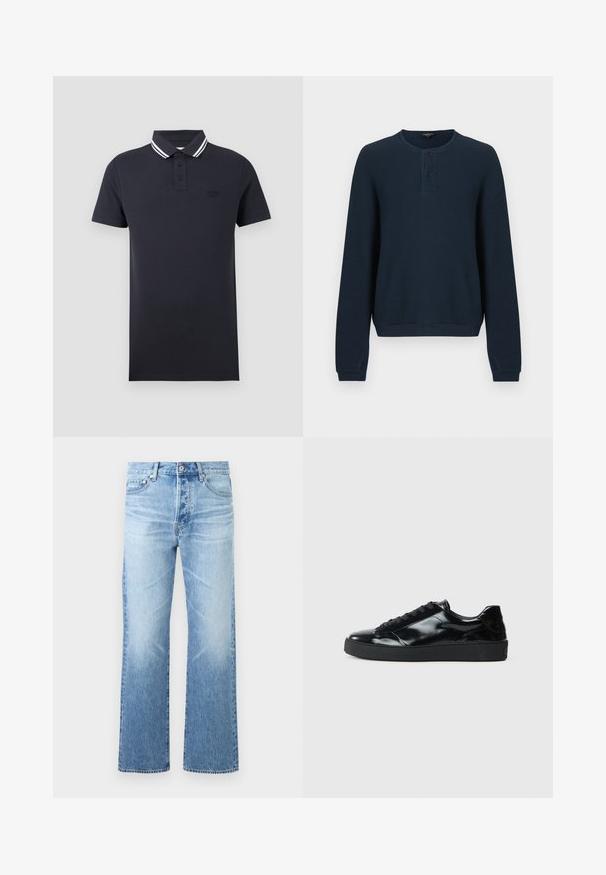 Pull bleu marine à manches longues en tissu côtelé texturé. Il présente un col rond et une patte de boutonnage à trois boutons. Les poignets et l'ourlet sont unis.; Polo noir à manches courtes avec une patte de boutonnage et un col noir orné de deux rayures blanches.; Jean en denim bleu clair avec coupe droite, design à cinq poches, fermeture par bouton et légère décoloration sur les cuisses et les genoux.; Baskets en cuir verni noir avec un bout arrondi, un laçage, une semelle en caoutchouc texturé et une finition lisse.