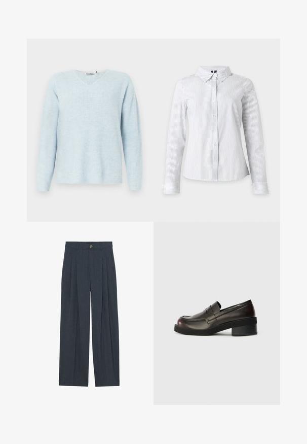 Pull en maille côtelée bleu clair avec un décolleté en V, des manches longues et une coupe décontractée. Texture douce, design minimal, sans quincaillerie ni accents visibles.; Chemise blanche à manches longues avec fines rayures verticales noires et col pointu, présentée sur fond blanc.; Pantalons larges en tissu texturé gris foncé, avec des plis avant, une fermeture à bouton et des poches latérales pour plus de fonctionnalité.; Mocassins en cuir marron foncé avec un bout arrondi, des détails cousus et un talon bloc modéré. Texture lisse, design minimaliste.