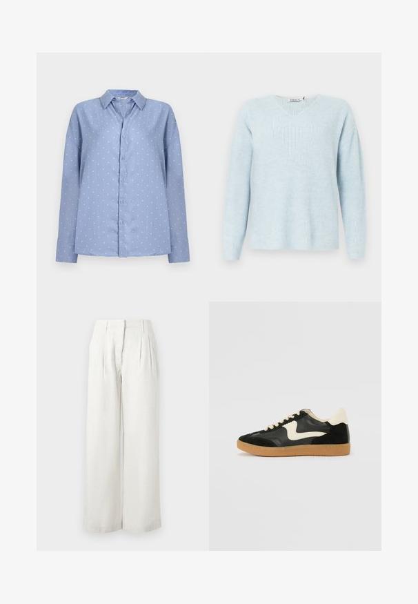 Pull en maille côtelée bleu clair avec un décolleté en V, des manches longues et une coupe décontractée. Texture douce, design minimal, sans quincaillerie ni accents visibles.; Chemise bleu clair à manches longues avec boutons, à pois blancs et col pointu, présentée sur un fond clair uni.; Pantalon large beige clair en tissu texturé, avec plis à l'avant et taille haute. Surface lisse avec peu de détails.; Baskets en daim et cuir noir avec un swoosh latéral crème et un talon crème clair. Dotées de lacets beige et d'une semelle en caoutchouc gomme.