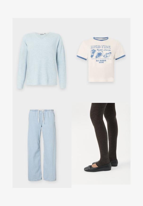 Pull en maille côtelée bleu clair avec un décolleté en V, des manches longues et une coupe décontractée. Texture douce, design minimal, sans quincaillerie ni accents visibles.; T-shirt crème avec bordure bleue présentant le texte « HIGH-TIDE Oyster Lounge » et trois illustrations de coquilles d'huîtres bleues, en référence à Bar Harbor, Maine.; Pantalon ample à rayures verticales bleu clair et blanc, taille élastique avec cordon blanc sur fond uni.; Jambes portant des leggings côtelés foncés associés à des ballerines noires avec de petits détails en nœud sur fond blanc.