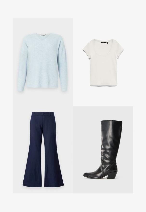 Lys blå ribbet sweater med V-hals, lange ærmer og en afslappet pasform. Blød tekstur, minimalistisk design, ingen synlig hardware eller accenter.; Hvid kortærmet ribstrikket top med rund halsudskæring, synligt sort mærke indeni kraven, lagt fladt på hvid baggrund.; Marineblå flagrende bukser lavet af bomuld, med en knaplukning, bæltestropper og en glat tekstur med brede benåbninger.; Sorte læder knæhøje støvler med spids tå, vinklet hæl og glat tekstur. Funktioner en subtil syning langs siden.
