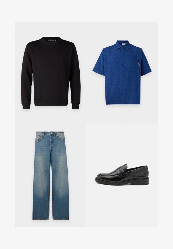 Sort sweatshirt lavet af glat bomuldsblanding, med rund hals, lange ærmer og ribstrikkede manchetter og kant. Ingen mønstre eller accenter synlige.; Kortærmet blå skjorte lavet af tekstureret stof med et subtilt mønster, en knaplukning foran og en enkelt brystlomme.; Lyseblå bredbenede jeans i denimstof med høj talje, fem-lomme design og slidte områder for et vintage look.; Sorte læder loafers med en glat finish, rund tå, lav hæl og dekorativ syning langs forsiden. Gummisål for godt greb.