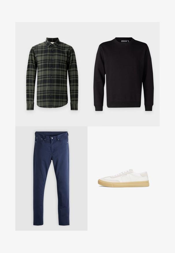Schwarzes Sweatshirt aus einem glatten Baumwollmix, mit Rundhalsausschnitt, langen Ärmeln sowie gerippten Bündchen und Saum. Keine Muster oder Akzente sichtbar.; Langarmhemd im dunkelgrünen und schwarzen Karomuster, aus Flanell gefertigt. Verfügt über einen klassischen Kragen und schwarze Knöpfe.; Marineblaue Baumwollhose mit schmaler Passform, ausgestattet mit klassischem Fünf-Taschen-Design und Reißverschluss, glatter Textur und klaren Linien.; Weiße Sneaker aus Leder und Wildleder, mit einem Schnürdesign, einer hellbraunen Gummisohle und einem kleinen Logo an der Seite.