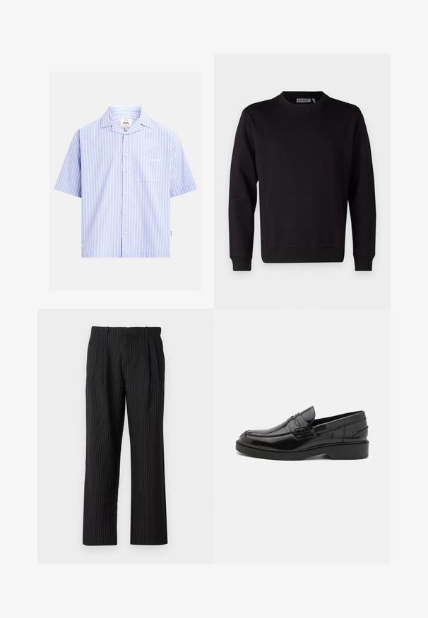 Sweatshirt noir en mélange de coton lisse, avec un col rond, des manches longues et des poignets et un ourlet côtelés. Aucun motif ni accent visible.; Chemise à manches courtes bleu clair avec des rayures verticales blanches, une poche poitrine et un texte blanc discret.; Jack & Jones JPSTBILL JJDAYTONA WIDE CHINO - Chino - black; Mocassins en cuir noir avec une finition lisse, un bout rond, un petit talon et descoutures décoratives à l'avant. Semelle en caoutchouc pour l'adhérence.