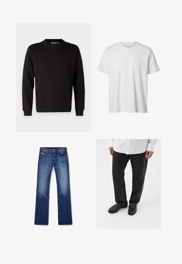 Schwarzes Sweatshirt aus einem glatten Baumwollmix, mit Rundhalsausschnitt, langen Ärmeln sowie gerippten Bündchen und Saum. Keine Muster oder Akzente sichtbar.; Schlichtes weißes T-Shirt mit kurzen Ärmeln und Rundhalsausschnitt, lässiger Passform und ohne sichtbare Logos oder Designs auf der Vorderseite.; Blaue Jeans aus Denim mit geradem Bein, fünf Taschen und passendem Stich. Der Stoff hat eine glatte Textur mit leichter Ausbleichung.; Schwarze Jeans kombiniert mit glänzenden schwarzen Slippern. Das Hemd ist weiß mit dünnen vertikalen Streifen, hat lange Ärmel und einen geknöpften Kragen.