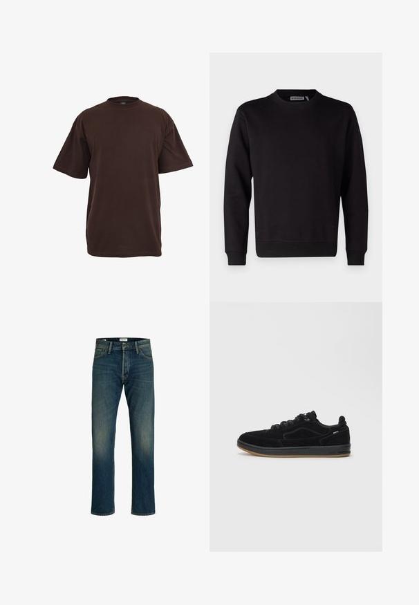 Schwarzes Sweatshirt aus einem glatten Baumwollmix, mit Rundhalsausschnitt, langen Ärmeln sowie gerippten Bündchen und Saum. Keine Muster oder Akzente sichtbar.; Braunes Baumwoll-T-Shirt mit kurzen Ärmeln, Rundhalsausschnitt und lockerer Passform. Glatte Textur ohne sichtbare Muster oder Akzente.; Denim-Jeans mit einem mittelblauen Waschprozess, geradem Bein, klassischem Fünf-Taschen-Design und leichter Ausbleichung an den Oberschenkeln für einen angenehmen Textur-Effekt.; Schwarze Wildledersneaker mit glatter Gummisohle, ausgestattet mit einem flachen Design, runden Schnürsenkeln und dezenten Nähakzenten.
