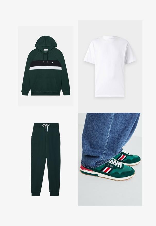 Pier One by Zalando Mikina - dark green; Biela krátka rukávová tričko vyrobené z bavlny s okrúhlym výstrihom, s hladkou textúrou a jednoduchým dizajnom bez vzorov alebo akcentov.; Tmavozelené teplákové nohavice z jemnej tkaniny, s elastickým pásom, nastaviteľnou bielou šnúrkou a bočnými vreckami.; Zelené športové tenisky s bielymi šnúrkami, z nubukovej a textilnej látky, s červenými, bielymi a čiernymi pruhmi a gumovou podrážkou.