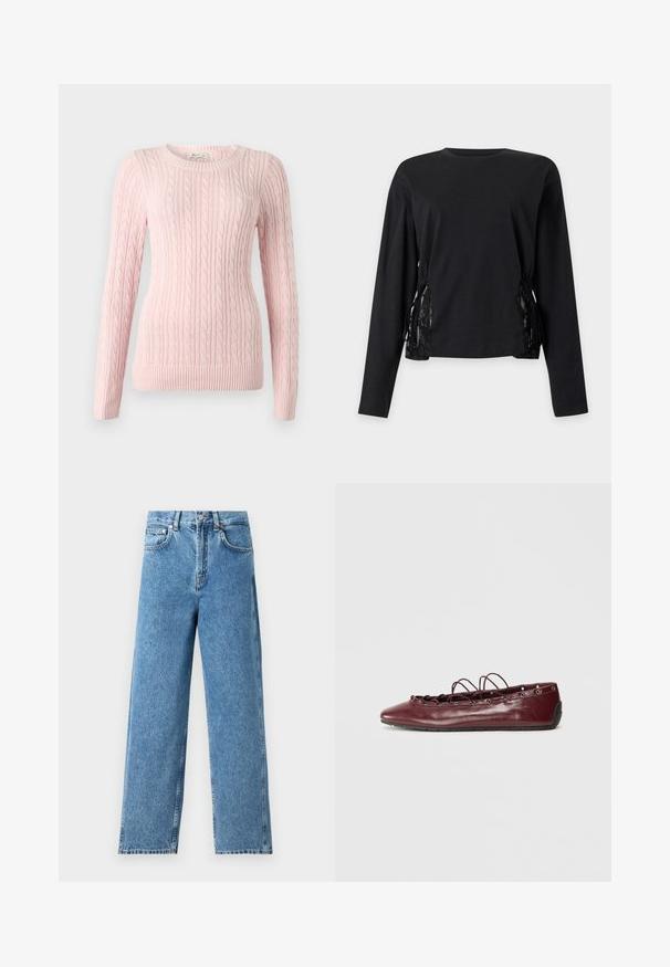 Lyserød kabelstrikket langærmet sweater med rund halsudskæring og ribbekanter ved ærmer og kant.; Sort langærmet top med rund halsudskæring og snøredetaljer på begge sider med blondeindsatser.; Lysblå lige ben jeans lavet af denim, med høj talje, frontknaplukning og fem-lomme design med synlige sømme.; Burgundy læder balletflade med spids tå, snøredetaljer foran, og sølvøjer. Blød sål for fleksibilitet og komfort.