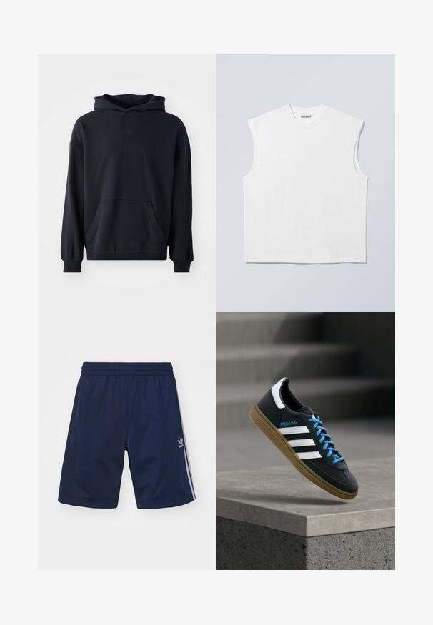 Zwarte capuchontrui van zacht stof, met een voorzak, lange mouwen, geribde boorden en een subtiele logo op de borst.; Wit mouwloos katoenen top met ronde hals en gestructureerde schouders, met het merk "WEEKDAY" op het label in de kraag, afgebeeld op een lichtgrijze achtergrond.; Marineblauwe sportshorts van een lichte stof, met een elastische tailleband en drie witte strepen aan de zijkanten. Adidas-logo zichtbaar.; Zwarte Adidas-sneaker met witte strepen, blauwe veters en een gumzool die boven een grijze betonnen trede zweeft in zacht licht.