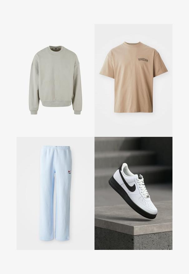 Lys grå sweatshirt med ribbede manchetter og kant. Har broderet tekst "Tillidsproblemer" på forsiden. Blødt bomuldsstof.; Beige bomulds-T-shirt med korte ærmer og rund hals. Har "DICKIES" printet i sort på venstre bryst. Klassisk pasform og glat tekstur.; Lysblå joggebukser med elastisk talje, prydet med et lille rødt Nike-logo og teksten "Athletic Department". Blødt bomuldsstof.; Hvid lædersneaker med sorte detaljer, rundet tå og perforerede detaljer. Sort gummisål med tekstureret mønster og snørelukning.