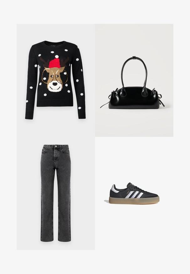 Suéter negro con un diseño de reno que lleva un gorro rojo, un pompón blanco y gafas doradas. Adornado con patrones de copos de nieve blancos.; Jeans gris de mezclilla de pierna recta con un acabado descolorido, diseño de cinco bolsillos y cierre con botón. Presenta costuras clásicas a lo largo de las costuras.; Zapatilla deportiva de cuero negro con tres rayas plateadas, punta texturizada y suela de goma. Cuenta con un collar acolchado y un diseño con cordones.; Pequeño bolso negro brillante con dos asas largas y detalles de cordón lateral sobre un fondo claro liso.
