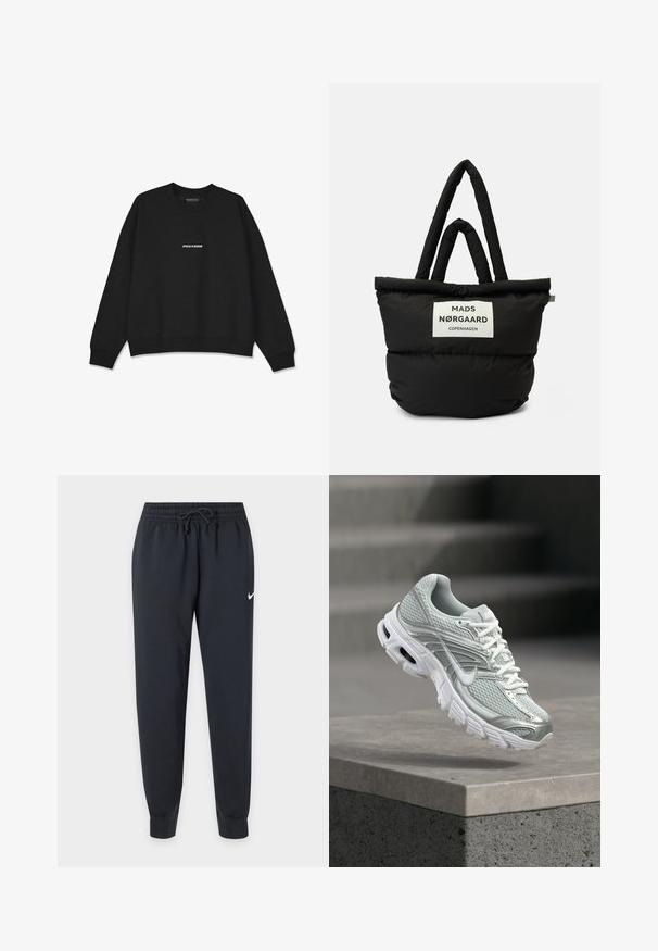 Sudadera negra con escote en pico y puños acanalados. Presenta el logo blanco "PEGADOR" en la parte delantera. Fabricada con un tejido suave y de corte relajado.; Pantalones de chándal negros Nike con cinturilla elástica y cordón, piernas ajustadas, tobillos con puños y pequeño logo blanco de Nike en el muslo derecho.; Zapato de running Nike gris claro y blanco con tejido de malla y suela gruesa que flota sobre un saliente de hormigón frente a un fondo desenfocado de escaleras.; Bolsa tote de plumas negra con asas dobles, que presenta una etiqueta blanca con "MADS NØRGAARD COPENHAGEN". Textura suave y acolchada y forma redondeada.