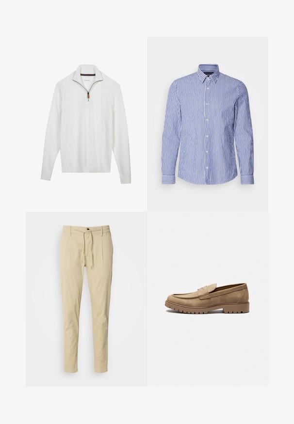 Suéter blanco con un cuello de media cremallera, sección superior texturizada, patrón de punto y puños y dobladillo acanalados. Detalle de tirador de cremallera de cuero marrón.; Camisa de botones de manga larga a rayas azul y blanca, hecha de algodón tejido, con un cuello clásico y un dobladillo redondeado. Presenta botones perlados.; Pantalones beige de corte ajustado, hechos de una mezcla de algodón. Cintura elástica con cordón, dos pliegues frontales y patas rectas.; Mocasines de gamuza color marrón claro con punta redondeada, suela plana de goma y costuras decorativas en la parte superior. Presentan un diseño sin cordones para poner y quitar fácilmente.