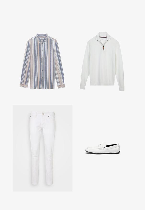 Pull en laine blanc avec un col zippé mi-long, section supérieure texturée, motif en maille et poignets et ourlet côtelés. Détail en cuir marron sur la tirette du zip.; Chemise à manches longues avec un col, ornée de rayures verticales bleues, beiges et blanches. Fabriquée dans un tissu texturé, avec un col et des boutons en métal.; Jeans en denim blanc avec une coupe ajustée, dotés d'un design classique à cinq poches, d'un zip et de détails de couture subtils.; Mocassins en cuir blanc avec une finition lisse, présentant un accent cousu, un bout rond et une semelle en caoutchouc noir pour l'adhérence.