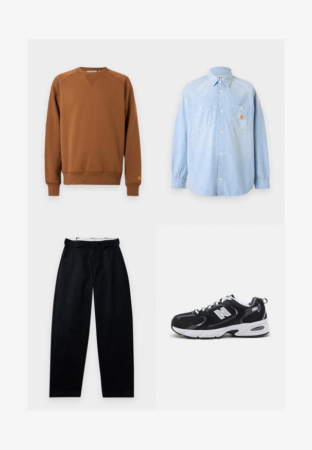 Brun langærmet crewneck-trøje med ribstrikkede manchetter og kant, med et lille logo på venstre ærmemanchet.; Lyseblå skjorte med lange ærmer og knapper, med to forlommer, hvoraf den ene har et Carhartt-logo og subtile hvide malersprøjt.; Sorte bukser med en glat tekstur, brede ben og en talje med bælteløkker. Designet med sidelommer og en clean finish.; Sorte og grå sportssko med mesh og ruskind på overdelen, der har en hvid mellemsål, snørebånd og et iøjnefaldende "N" logo på siden.