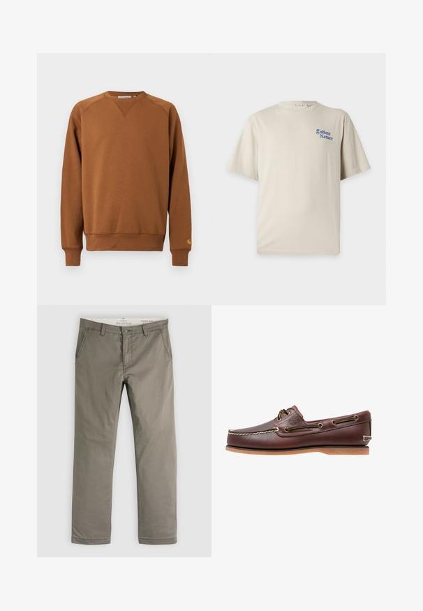 Sweat-shirt marron à manches longues avec col rond, poignets et ourlet côtelés, arborant un petit logo sur le poignet de la manche gauche.; T-shirt beige à manches courtes avec texte bleu « Endless Nature » sur la poitrine gauche et col rond.; Pantalon droit kaki pour homme avec poches avant, passants pour ceinture et fermeture par bouton, étalé à plat sur un fond blanc.; Chaussure bateau en cuir marron avec coutures blanches, détails de lacets et semelle en caoutchouc beige, vue de côté sur fond blanc.