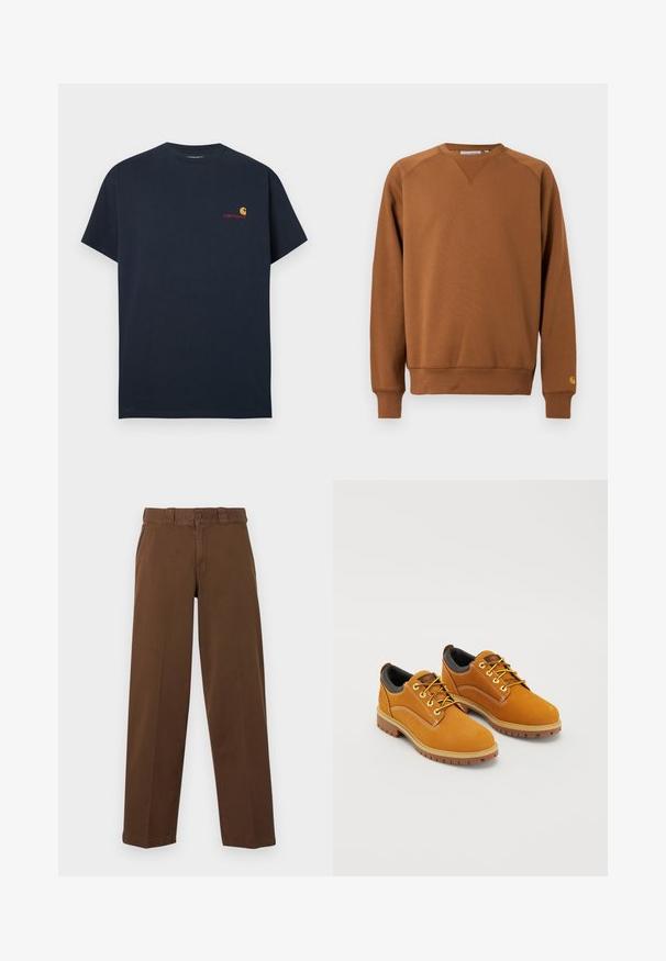 Sweat-shirt marron à manches longues avec col rond, poignets et ourlet côtelés, arborant un petit logo sur le poignet de la manche gauche.; T-shirt en coton bleu marine à manches courtes et col rond. Présente un petit logo Carhartt en orange et rouge sur la poitrine gauche.; Pantalon marron à jambes droites avec fermeture à boutons et zip, passants pour ceinture et poches latérales, présenté sur un fond clair.; Chaussures en daim marron avec un bout rond, des lacets jaunes, un col rembourré noir et des semelles en caoutchouc avec des rainures de traction.