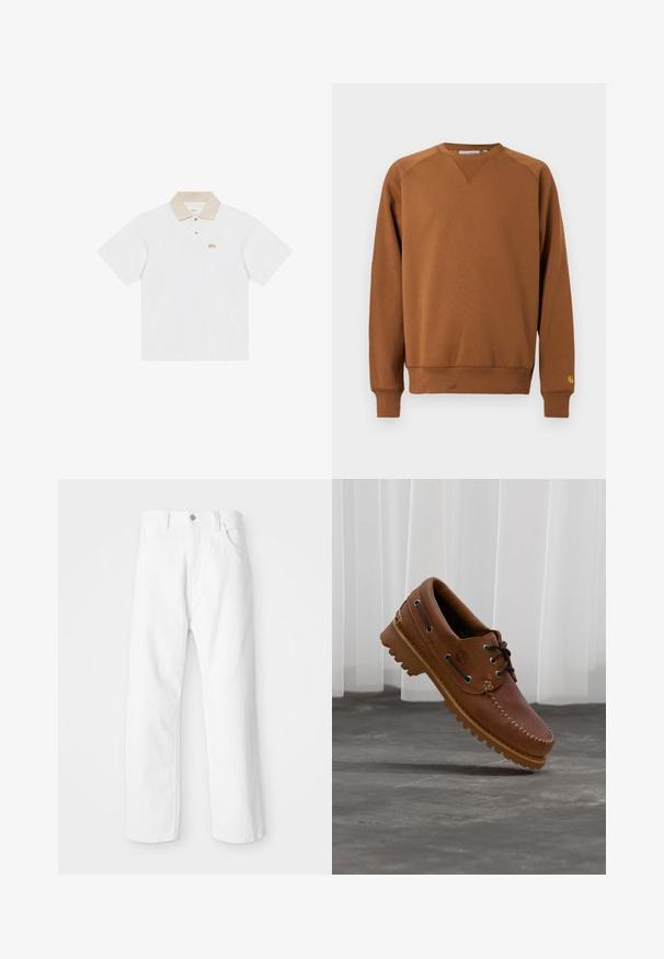 Sweat-shirt marron à manches longues avec col rond, poignets et ourlet côtelés, arborant un petit logo sur le poignet de la manche gauche.; Polo blanc à manches courtes avec col beige, deux boutons et petit logo orange sur le côté gauche de la poitrine.; Pantalon en denim blanc avec une coupe droite, présentant une fermeture à bouton et glissière à l'avant, cinq poches et une finition lisse et texturée.; Chaussure de bateau en cuir marron avec des lacets noirs, des coutures beiges et une semelle robuste, suspendue au-dessus d'un sol en béton gris.