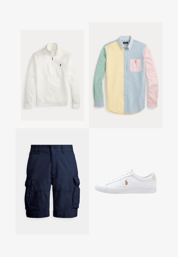 Hvid quarter-zip pullover med lange ærmer, høj krave og lille sort Polo Ralph Lauren-logo broderet på venstre bryst.; Skjorte med lange ærmer og knapper med color-block design i pastelgul, grøn, blå og pink med en stribet krave og brystlomme med logo.; Mørkeblå cargoshorts lavet af slidstærkt stof, med sidelommer, knaplukning og syddetaljer for tekstur.; Hvide kanvas sneakers med lågtop design, prydet med en beige hælkappe og et lille broderet logo på siden. Gummisål.