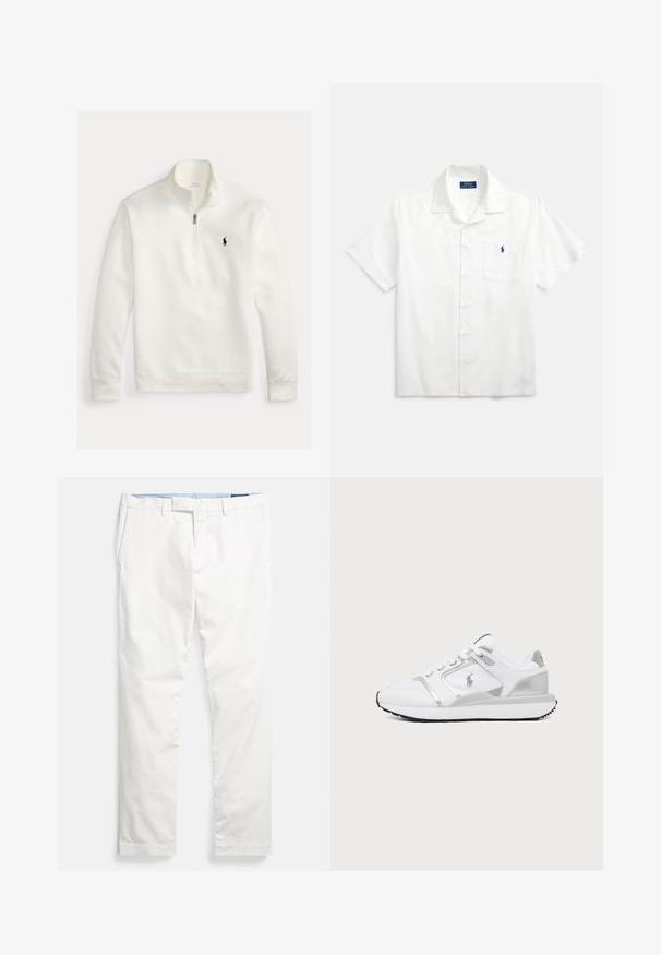 Hvid quarter-zip pullover med lange ærmer, høj krave og lille sort Polo Ralph Lauren-logo broderet på venstre bryst.; Hvid kortærmet skjorte lavet af bomuld, med en fløjskrage, knapper foran og en lille blå logo på brystlommen.; Hvide bomulds-chinos med flad front, bæltestropper, sidelommer og en glat tekstur, med en blå indvendig linning.; Hvid og sølv lavtop sneaker med mesh- og læderpaneler, snørelukning, struktureret sort sål og subtilt brandlogo på siden.
