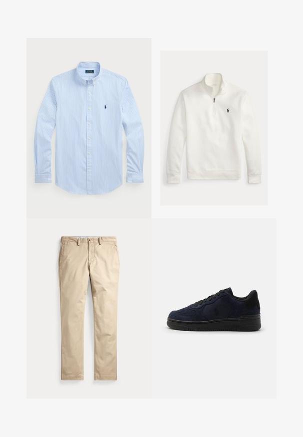 Valge neljandiku tõmblukuga pullover, millel on pikad varrukad, kõrge krae ja vasakul rinnal must Polo Ralph Laureni logo, mis on tikandina.; Hele helesinise triibuline nööbiga särk, pikkade varrukatega, valged nööbid, klassikaline krae, vasakul rindkere kohal väike tumesinine logo. Puuvillane kangas.; Beežid sirge eesosaga chinos-püksid vööaasade, küljetaskute ja nööpidega vöökoha kinnitusega valgel taustal.; Tumesinine sametjalanõud mustade aktsentidega, ümmargune varvas, tekstuuriga paneelid ja lame pael. Omab pehmendusega talla, millel on soonte muster.