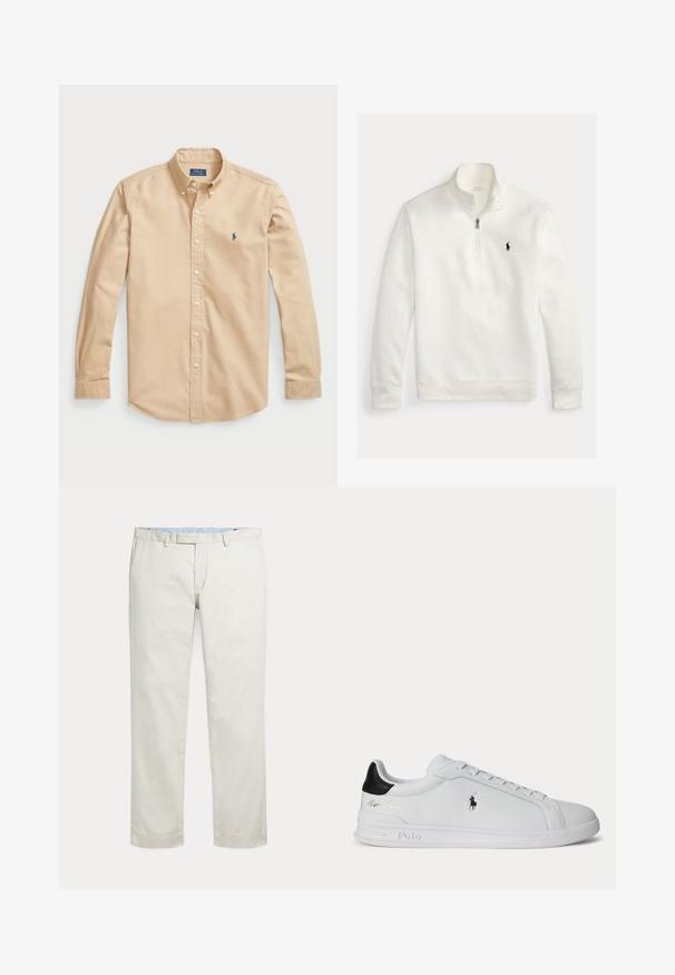 Hvid quarter-zip pullover med lange ærmer, høj krave og lille sort Polo Ralph Lauren-logo broderet på venstre bryst.; Lys beige skjorte med knapper i bomuld, med klassisk krave, lange ærmer, hvide knapper og et lille blåt logo på brystet.; Kremfarvede bukser med lige ben, bæltestropper og skjult inderstik foran på en ensfarvet baggrund.; Hvid lavtop sneaker med sort hælfane, snørebånd og Polo Ralph Lauren-logo på siden, med præget såldetaljer.