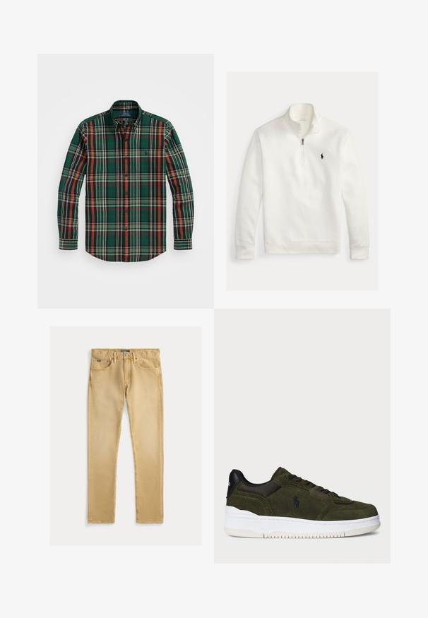 Sudadera blanca con cremallera de cuarto, mangas largas, cuello alto y pequeño logo negro de Polo Ralph Lauren bordado en el lado izquierdo del pecho.; Camisa de cuadros verde con rayas naranjas, marinas y blancas. Presenta un cuello clásico y mangas largas, fabricada en suave tela de algodón.; Vaqueros de algodón beige con un ajuste slim, diseño de cinco bolsillos y costura visible. Presentan un botón de metal y una etiqueta en la cinturilla.; Zapatillas de ante verde con malla negra y acentos de piel, suela de goma blanca, forma redondeada y logo en relieve en el lateral.